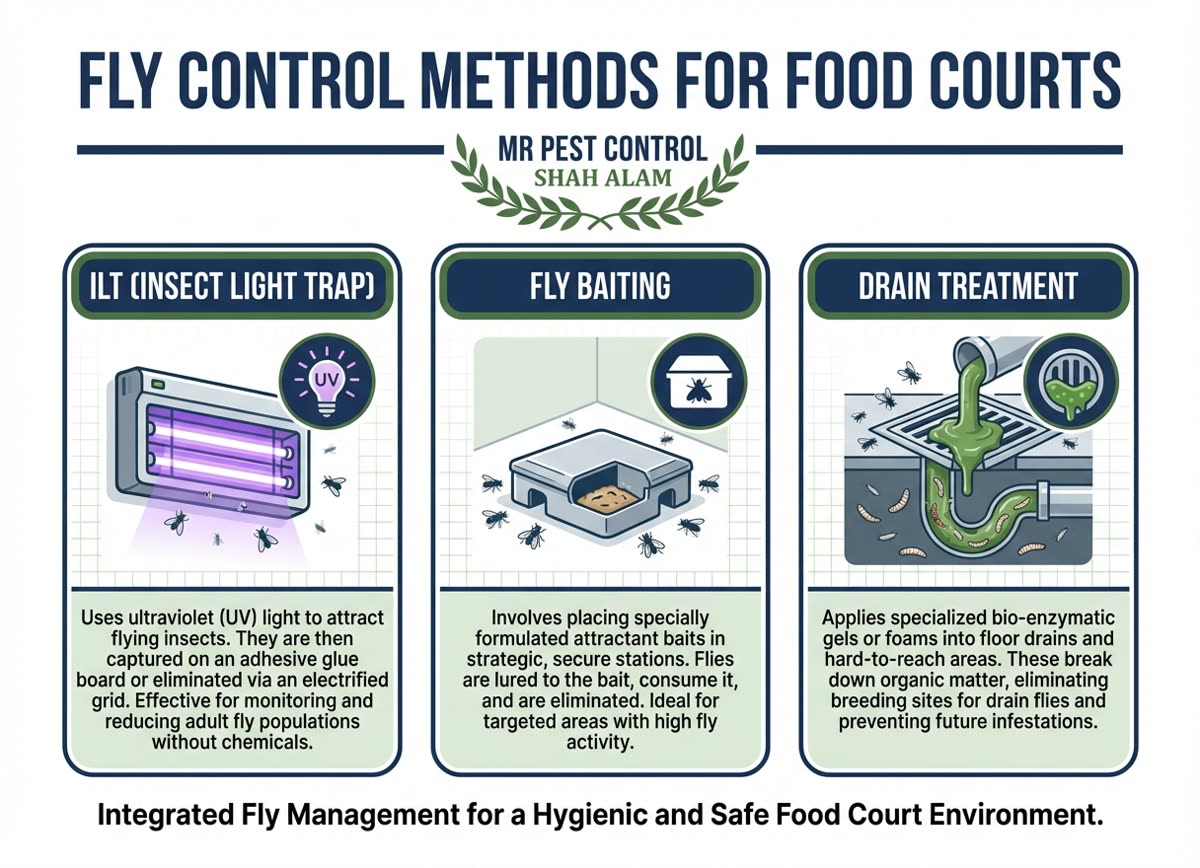 Fly Control Methods for Food Courts - ILTs, Baiting, Drain Treatment